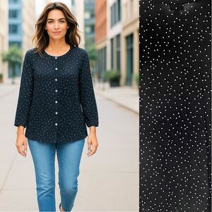 J Jill Shirt L Black with White Dots Pin Tucks Semi Sheer Button Front Top